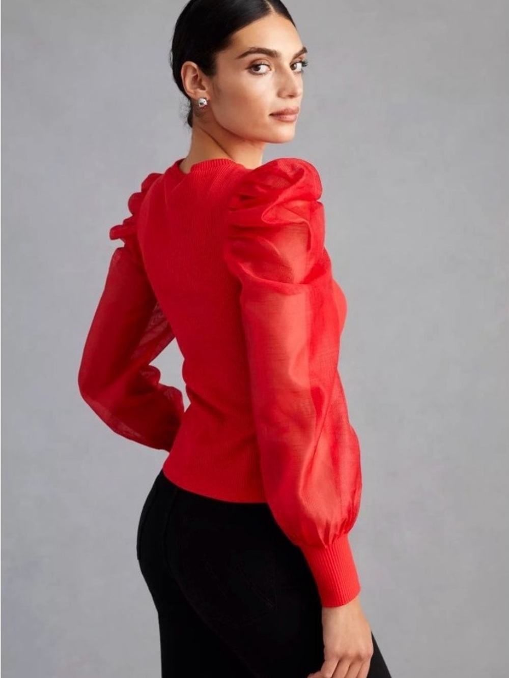 Anthropologie Organza Puff Sleeve Ribbed Sweater NWT XL